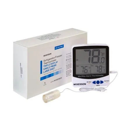 McKesson - MCK895RFV - Digital Refrigerator / Freezer Thermometer with Alarm McKesson Fahrenheit / Celsius -58° to +158°F (-50° to +70°C) Glycol Bottle Probe / Internal Sensor Multiple Mounting Options Battery Operated
