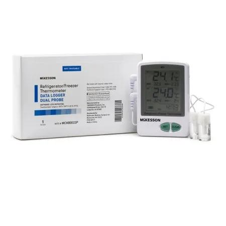 McKesson - MCK80022P - Datalogging Refrigerator / Freezer Thermometer with Alarm McKesson Fahrenheit / Celsius -58° to +158°F (-50° to +70°C) 2 Glycol Bottle Probes / Internal Sensor Flip-out Stand Battery Operated