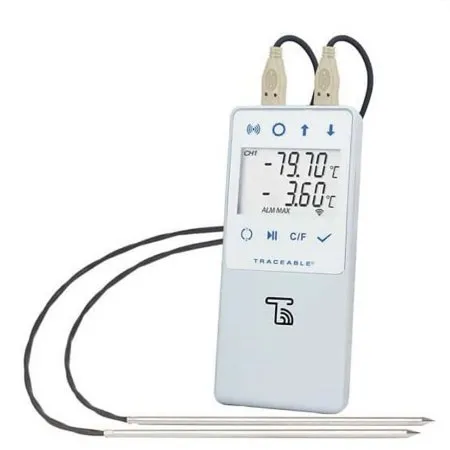 Cole Parmer Instrument - 18000-28 - Cole Parmer Inst. TraceableLIVE Ultra Low Temperature Data Logger with Alarm TraceableLIVE Fahrenheit / Celsius  130° to +221°F ( 90° to +105°C) 2 Stainless Steel Probes Multiple Mounting Options Battery Operated