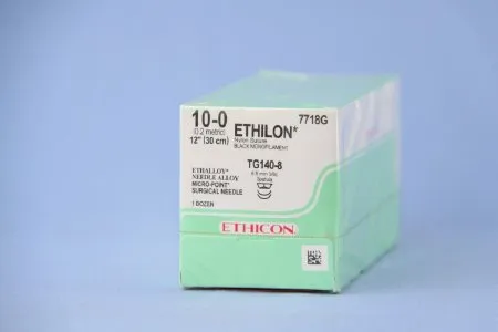 J & J Healthcare Systems - Ethilon - 7718G - Nonabsorbable Suture With Needle Ethilon Nylon Tg140-8 3/8 Circle Spatula Needle Size 10 - 0 Monofilament