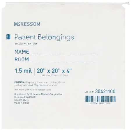 McKesson - 30421100 - Patient Belongings Bag 4 X 20 X 20 Inch Polyethylene Drawstring Closure White