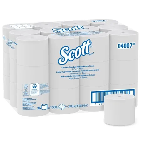 Kimberly Clark - Scott Essential - 04007 - Toilet Tissue Scott Essential White 2-Ply Standard Size Coreless Roll 1000 Sheets 3-9/10 X 4 Inch