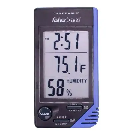 PANTek Technologies - Fisherbrand Traceable - 066624 - Thermometer / Clock / Humidity Monitor Fisherbrand Traceable Fahrenheit / Celsius 32° to 122°F (0° to 50°C) Internal Sensor Flip-out Stand / Wall Mount Battery Operated