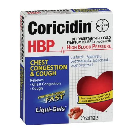 Bayer - Coricidin HBP Chest Congestion & Cough - 11523715802 - Cold and Cough Relief Coricidin HBP Chest Congestion & Cough 200 mg - 10 mg Strength Softgel 20 per Bottle