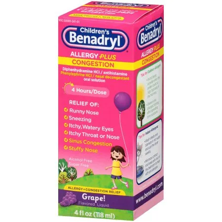 J&J - Children’s BENADRYL Allergy Plus Congestion - 50580078104 - Children's Allergy Relief Children’s BENADRYL Allergy Plus Congestion 12.5 mg Strength Liquid 4 oz.