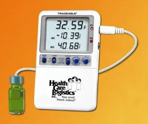 Health Care - Traceable Hi-Accuracy - 17988 - Digital Refrigerator / Freezer Thermometer with Alarm Traceable Hi-Accuracy Fahrenheit / Celsius -58° to +158°F (-50° to +70°C) Glycol Bottle Probe Door / Wall Mount Battery Operated