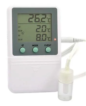 VWR International - Thermco Time Date Stamp - 10025-454 - Digital Refrigerator Thermometer With Alarm Thermco Time Date Stamp Fahrenheit / Celsius -58° To +158°f (-50° To +70°c) Glycol Bottle Probe Desk / Wall / Door Mount Battery Operated