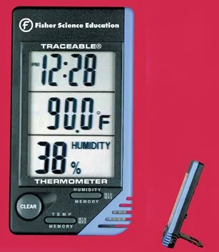Fisher Scientific - Fisherbrand Traceable - S66279 - Digital Thermometer / Hygrometer Fisherbrand Traceable Fahrenheit / Celsius 32° to 122°F (0 to 50°C) Internal Sensor Desk / Wall Mount Battery Operated