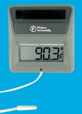 Fisher Scientific - 1507720 - Digital Thermometer With Alarm Fisher Scientific Traceable Fahrenheit / Celsius -58° To +158°f (-50° To +70°c) Short Epoxy Sensor Wall Mount Solar Power / Battery Backup