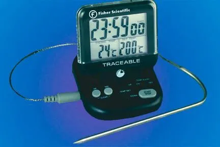 Fisher Scientific - Fisherbrand Traceable - 1507729 - Digital Thermometer With Alarm Fisherbrand Traceable Fahrenheit / Celsius 32° To 392°f (0 To 200°c) Stainless Steel Probe Desk / Wall Mount Battery Operated