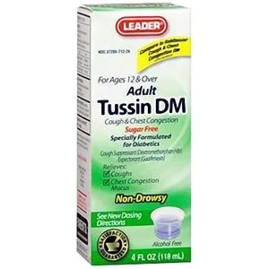 Cardinal Health - Pharma - 2545499 - Leader Tussin DM Liquid Formula, 4 oz., 10 - 100 mg Concentration, Sugar-free, For Cough and Cold Relief