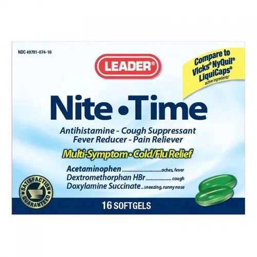 Cardinal Health - 4936985 - Leader Nite-Time Antihistamine Softgels for Cold and Flu Relief (16 Count)