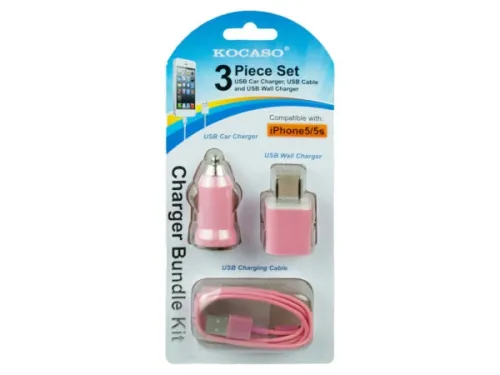 Kole Imports - EN289 - Pink 3 Piece Iphone Charging Set With Wall And Car Charger