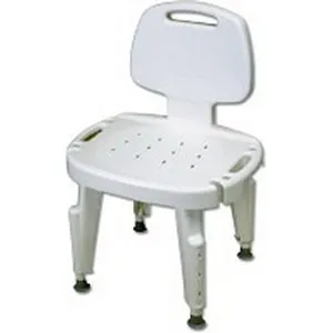 Maddak - 727142101 - Bath safe adjustable shower seat with back only. Weight capacity 300 pounds. Adjusts 16-21". Seat width: 22". Width between arms: 17 1/2". Width of bench at legs: 17".