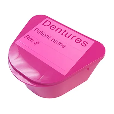 Medegen Medical - H980-91 - Products Denture Cup with Hinged Lid, 2" deep x 4"  wide x 3" long, opaque pink, etched surface for marking patient name and room #, double seal closure, stackable.