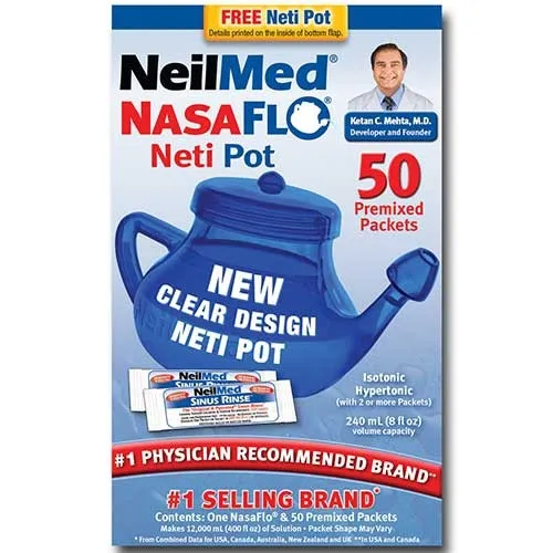 Neilmed Pharmaceutical - 816 - NasaFlo Neti Pot with Premixed Packets, Unbreakable, Natural Saline Nasal Wash