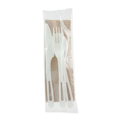 Worldcentr - WORASPSTN - Tpla Compostable Cutlery, Knife/Fork/Spoon/Napkin, 6", White, 250/Carton